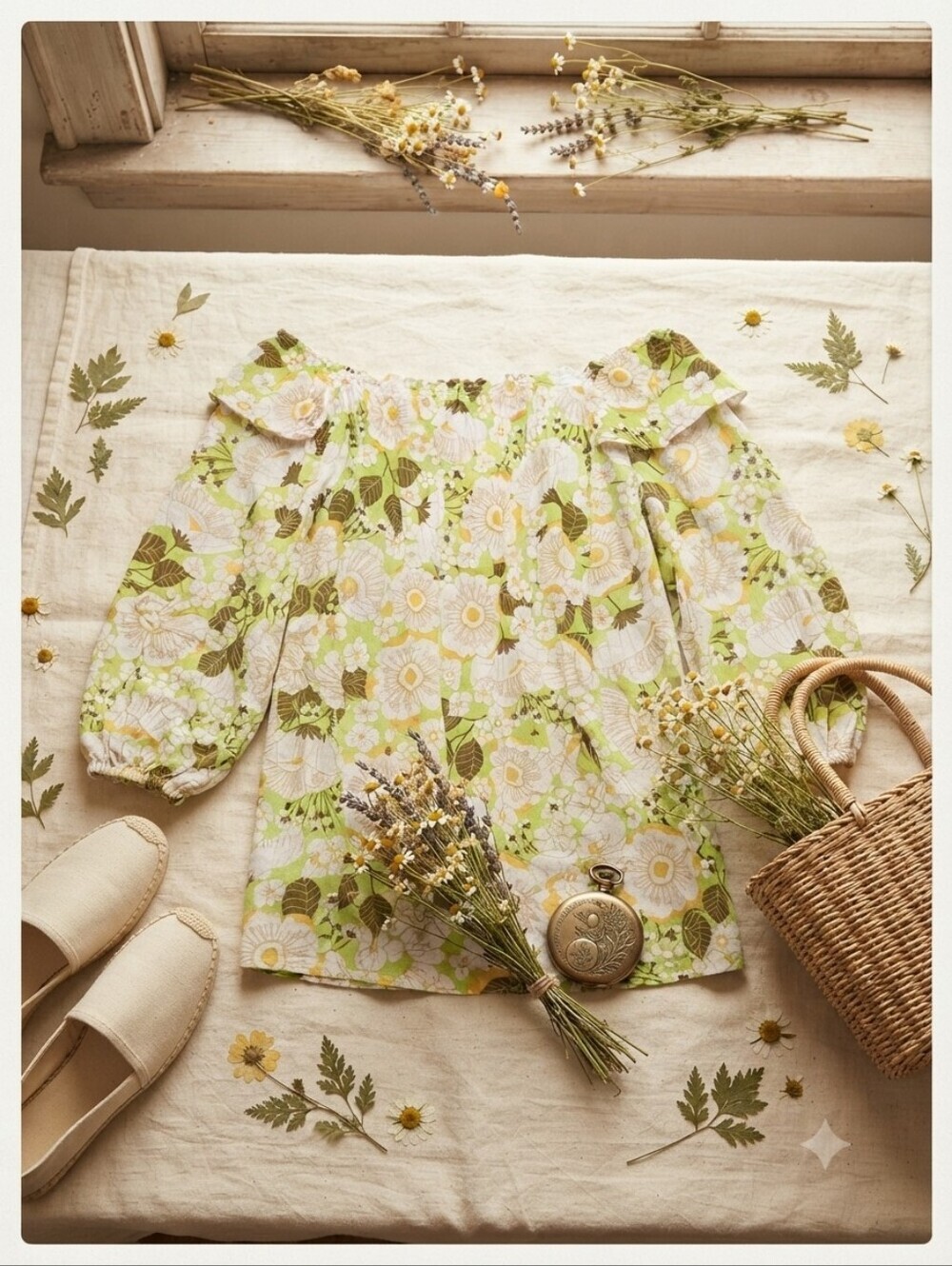 Rose & Olive White Green Floral Off The Shoulder Blouse Top